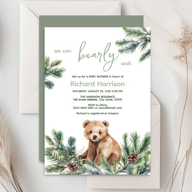 Wir können schon lange warten, bis wir eine Baby-D Einladung (Bearly wait cute watercolor forest baby shower invitation )