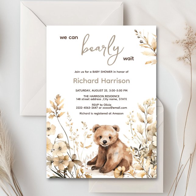 Wir können schon lange warten, bis wir eine Baby-D Einladung (Cute watercolor forest bear with rustic beige flowers baby shower invitation)