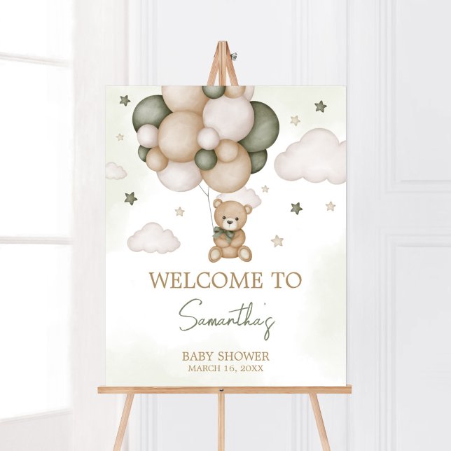 Wir können schon mal grün abwarten poster (Green Boho Teddy Bear Baby Shower Welcome Sign)