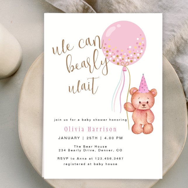 Wir können schon warten | Bear Pink Balloon Babydu Einladung (We Can Bearly Wait | Bear Pink Balloon Baby Shower Invitation)