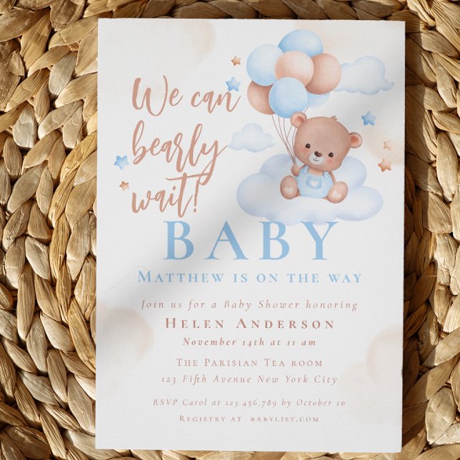 Wir können Teddy Bear Boy Baby Shooter schon warte Einladung (We can Bearly Wait Teddy Bear Boy Baby Shower Invitation)