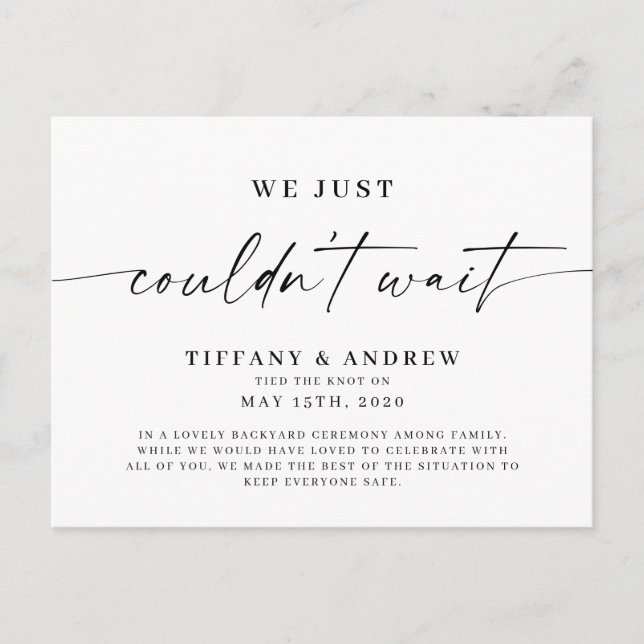 Wir konnten einfach nicht auf die Hochzeitserkläru Ankündigungspostkarte (Vorderseite)