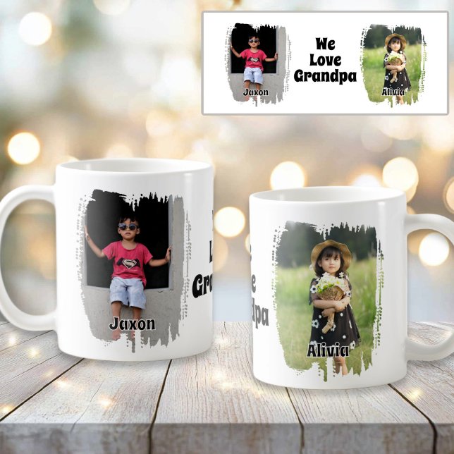 Wir Liebe Opa vollständig anpassbar zwei Foto Kaffeetasse (We Love Grandpa Fully Customizable Two Photo Coffee Mug)
