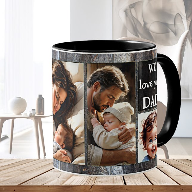 Wir Liebe Sie glücklichen Vater Foto Kaffeetasse (Father's Day photo mug featuring 4 of your custom photos on a rustic wood design - his birthday)