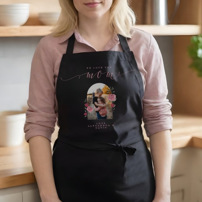 Wir Liebe Sie Mama - Blumenmuster Foto Arch Custom Schürze (We Love You Mom - Floral Photo Arch Custom Black Apron)