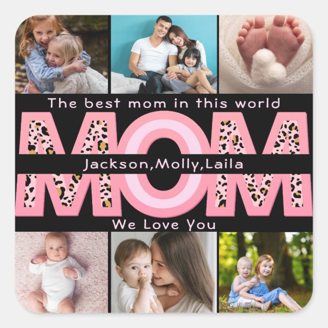 Wir Liebe Sie Mama Rosa Minimalistisch 6 Foto Coll Quadratischer Aufkleber (Vorderseite)