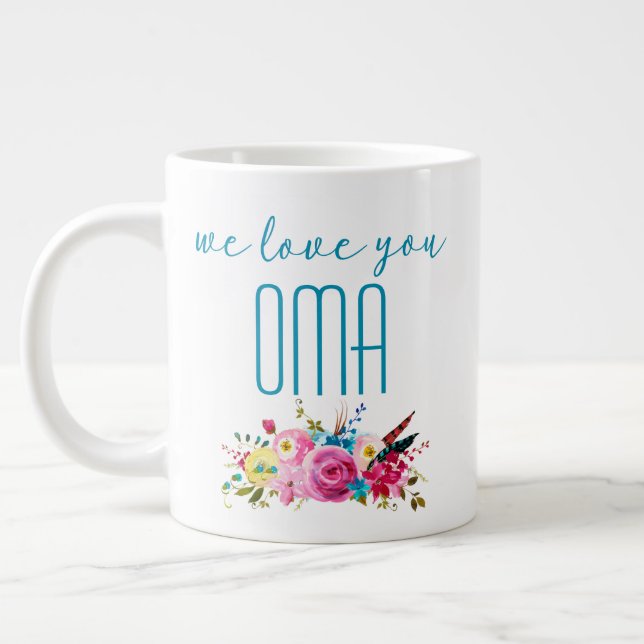 Wir Liebe Sie Oma Aquamarin Rosa Blüte Jumbo-Tasse (Links)