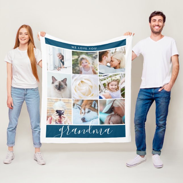 Wir Liebe Sie Oma Custom Foto Geschenk Navy Blue Fleecedecke (Beispiel)