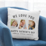Wir Liebe Sie Vater Custom Vathers Tag 3 FotoColla Kissen<br><div class="desc">Schaffen Sie ein stilvolles und unvergessliches Geschenk für den Vater in diesem Vatertag! Dieses Kopfkissen ist mit einer Collage von drei Lieblingsfamilienbildern der Kinder (vorne und hinten) ausgestattet, die als modernes und kühn gestaltetes Sans-Serif-Design entworfen wurden. Personalisieren Sie die "Wir Liebe Sie / Glücklicher Vatertag" mit Kindernamen Text. Sie können...</div>