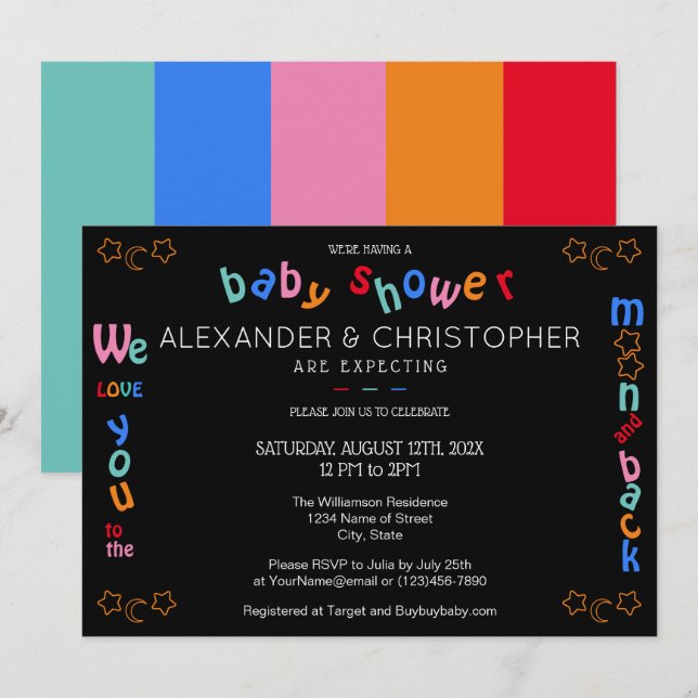 Wir Liebe Sie zum Mond & zurück LGBTQ+ Babydusche Einladung (Vorne/Hinten)