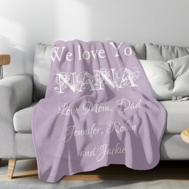 "Wir Liebe You Nana" Individuelle Namen Gorgeous M Fleecedecke (We Love You Nana' Custom Family Names Gorgeous Mauve Fleece Blanket.)