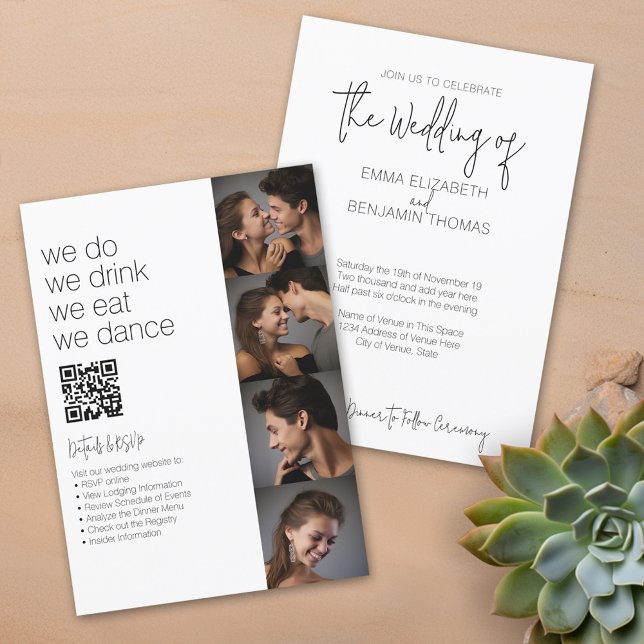 Wir machen alles in einem BW - QR - 4 Fotos - Hoch Einladung (We Do, We Drink, We Eat, We Dance - Fun casual wedding invitation with photos and qr code)