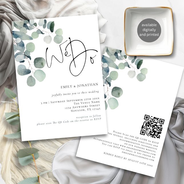 Wir machen eine moderne Eukalyptus QR-Hochzeit Einladung (Front and back view)