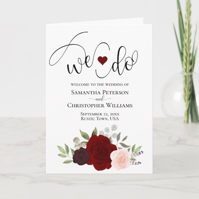 Wir machen elegante Burgundy Blush Boho Rose Hochz Programm (Vorderseite)