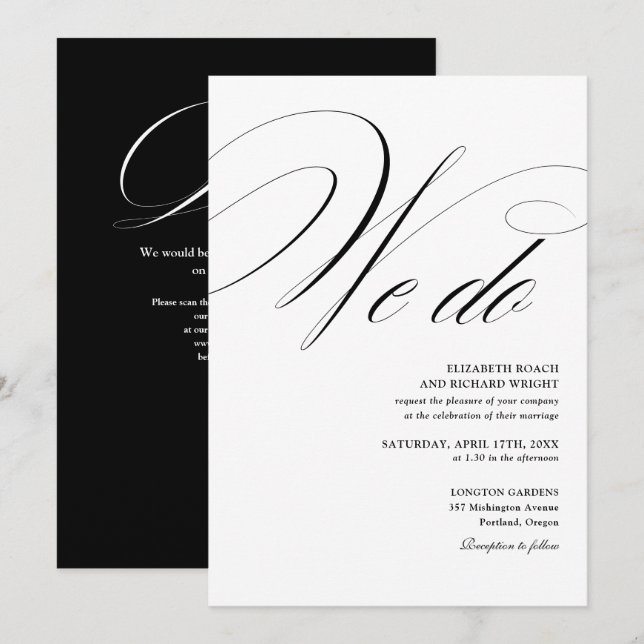 Wir machen elegante QR-Code Schwarz-Weiß-Hochzeit Einladung (Vorne/Hinten)
