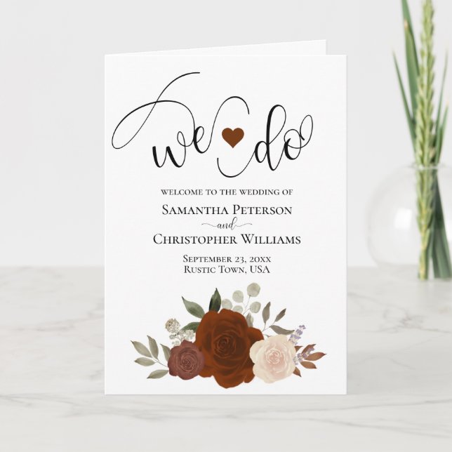 Wir machen elegante Rost Orange Rose Boho Hochzeit Programm (Vorderseite)