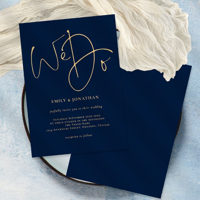 Wir machen Gold Script Navy Blue Wedding Einladung (Von Creator hochgeladen)