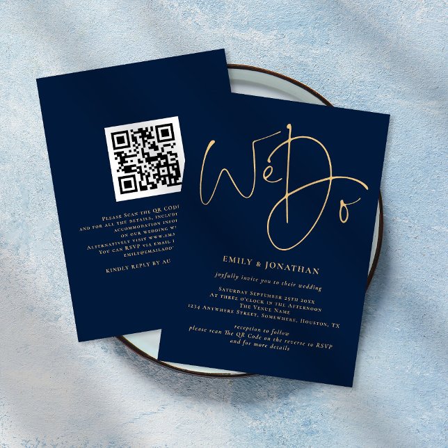 Wir machen Gold Script QR Code Navy Blue Wedding I Einladung (Von Creator hochgeladen)