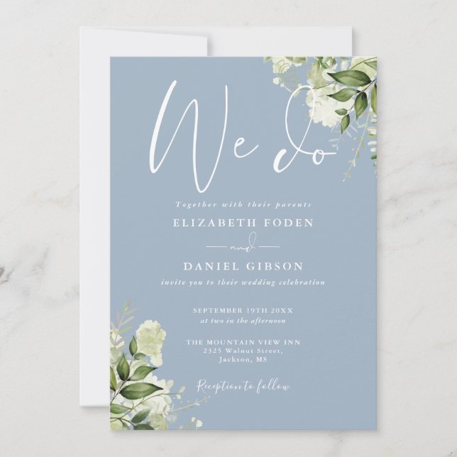 Wir machen Greenery Monogram Dusty Blue Wedding Einladung (Vorderseite)