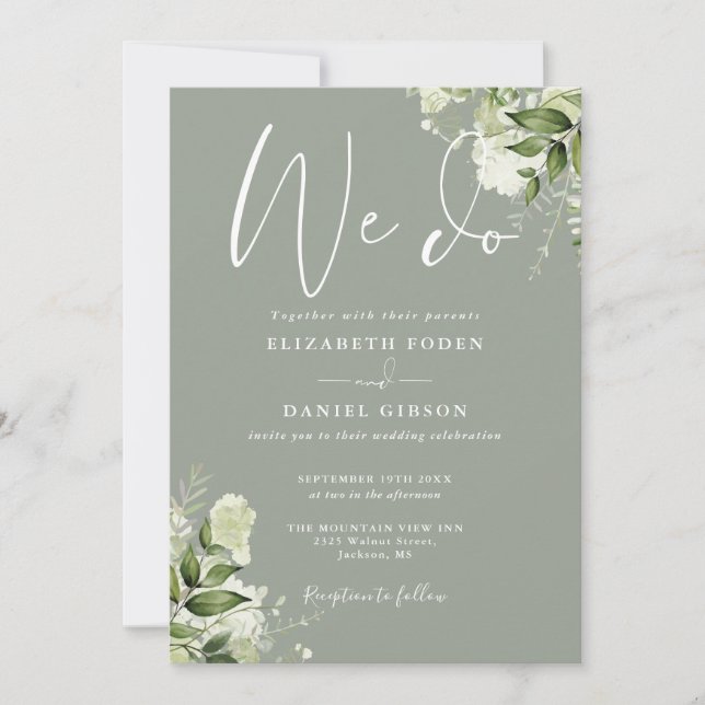 Wir machen grüne QR Code Sage Green Wedding Einladung (Vorderseite)