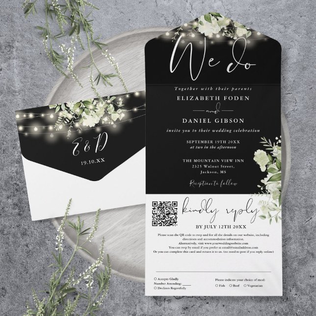 Wir machen Grünen String Lights QR Code Hochzeit All In One Einladung (We Do Greenery String Lights QR Code Wedding All In One Invitation)