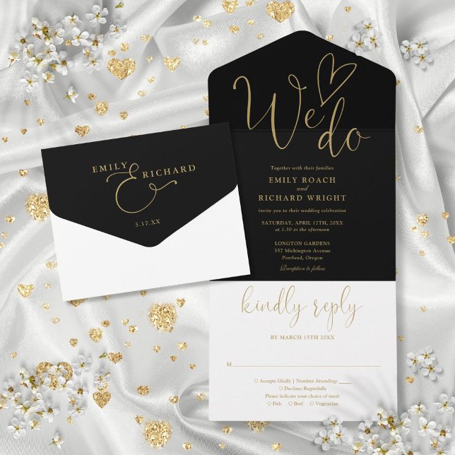 Wir machen Liebe Heart Script Black und Gold Hochz All In One Einladung (We Do Love Heart Script Black And Gold Wedding All In One Invitation)