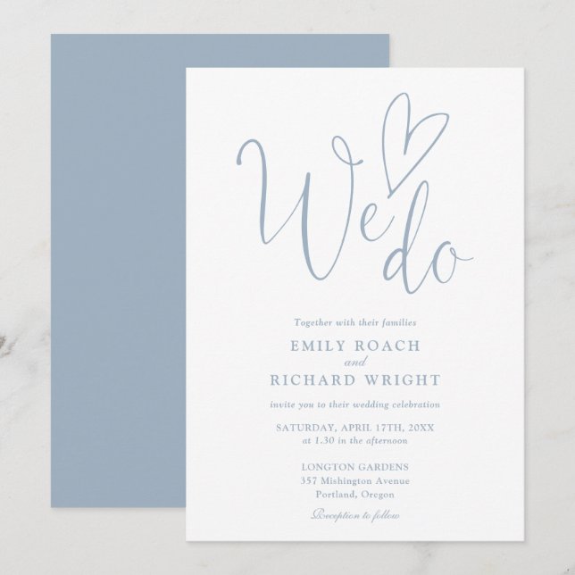 Wir machen Liebe Heart Script Dusty Blue Wedding Einladung (Vorne/Hinten)
