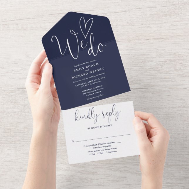 Wir machen Liebe Heart Script Navy Blue Wedding All In One Einladung (Abreißen)
