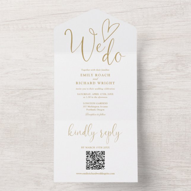 Wir machen Liebe Herz QR Code Chic Gold Hochzeit All In One Einladung (Innen Boden)