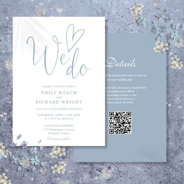 Wir machen Liebe Herz QR Code Dusty Blue Wedding Einladung (We Do Love Heart QR Code Dusty Blue Wedding Invitation)