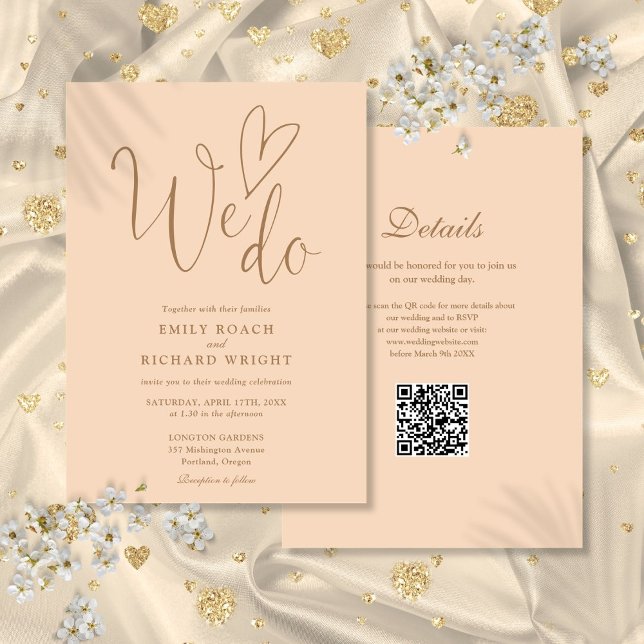 Wir machen Liebe Herz QR Code Soft Peach Hochzeit Einladung (We Do Love Heart QR Code Soft Peach Wedding Invitation)