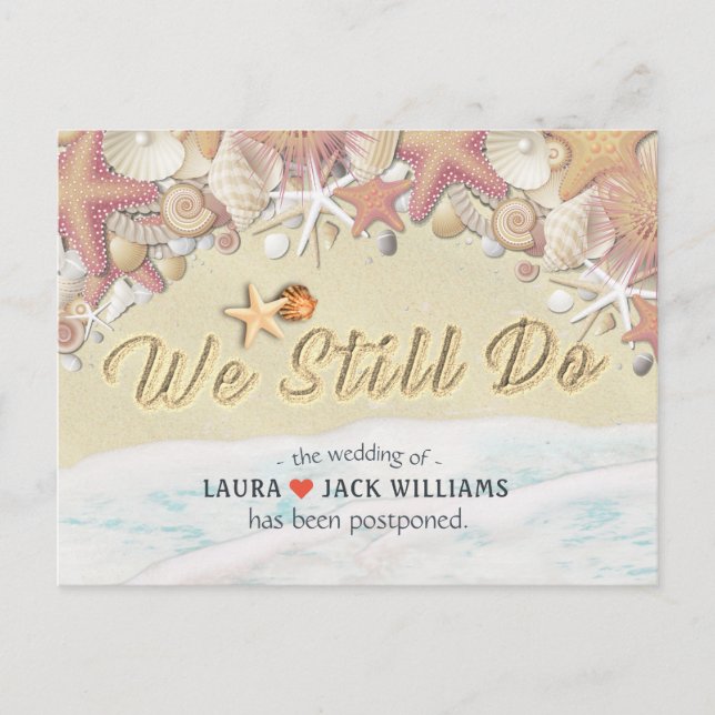 Wir machen noch Hochzeitspause Sommer Beach Sand Ankündigungspostkarte (Vorderseite)