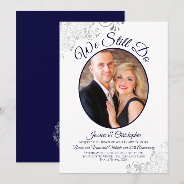 Wir machen noch Navy Blue auf White Wedding Vow Er Einladung (Vorne/Hinten)
