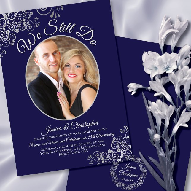 Wir machen noch Navy Blue & Silver Wedding Vow Ern Einladung (Front/Back)