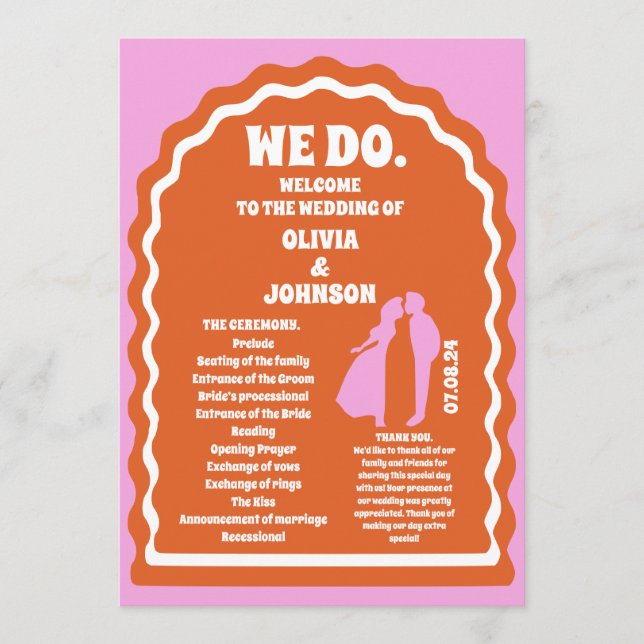 Wir machen Orange Retro Arch Wedding Order of Serv Programm (Vorderseite)
