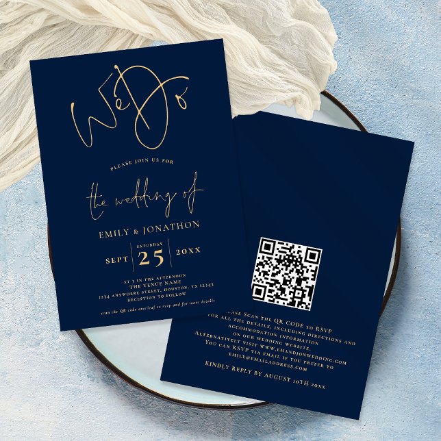 Wir machen Script QR Code Navy Blue Hochzeit Einladung (Von Creator hochgeladen)