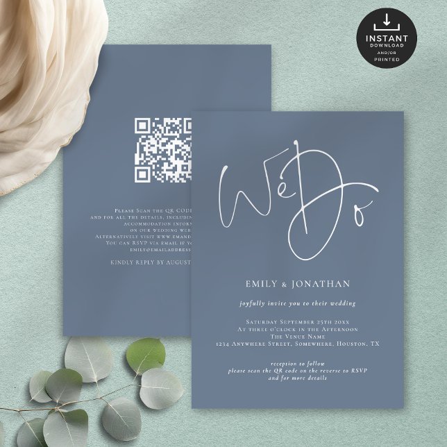 Wir machen Skriptdusty Blue White QR Hochzeit Einladung (Front and back view)
