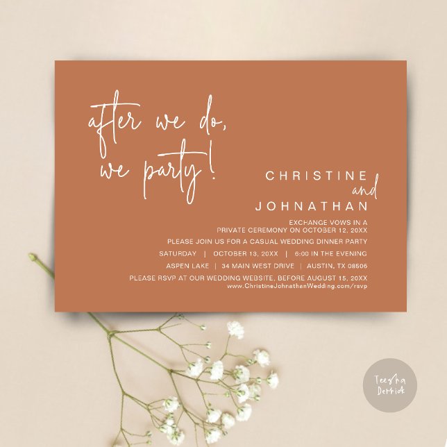 Wir Party, Hochzeitsessen, Kupfer Einladung (After We Do, We Party, Modern Romantic Wedding Dinner Invitation Card, PDF, in Copper Rust)