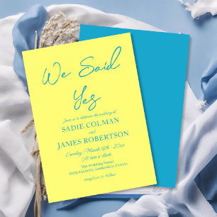 Wir sagten Ja Moderne blaue und gelbe Hochzeit Einladung