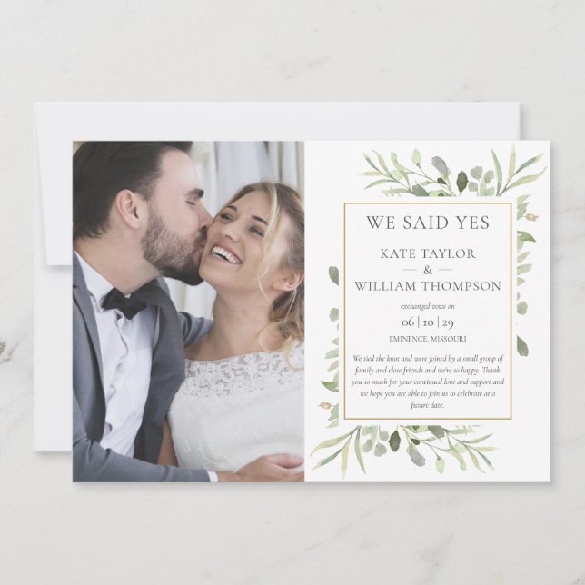 Wir sagten Yes Greenery Foto Hochzeitsankündigung Einladung (Vorderseite)