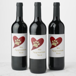 Wir schätzen Sie Red Heart Gold Paw Print Danke Weinetikett