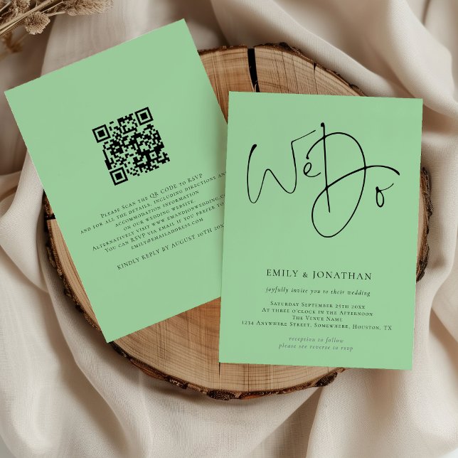 Wir schreiben QR Code Celadon Green Wedding Einladung (Front and back view)
