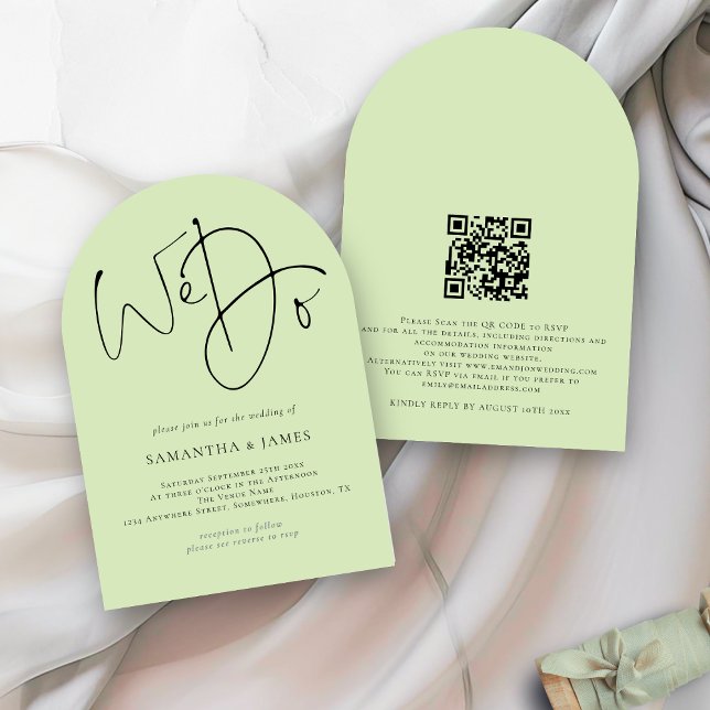 Wir schreiben QR Code Limon Cream Green Wedding Ar Einladung (Front and back view)