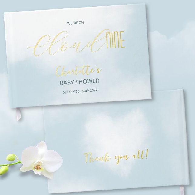 Wir sind auf Cloud 9 Elegant Script Blue Baby Show Gästebuch (We´re on Cloud 9 Elegant Script Blue Baby Shower Foil Guest Book ©Susanne Sachers - Sunny Mind 🌞)