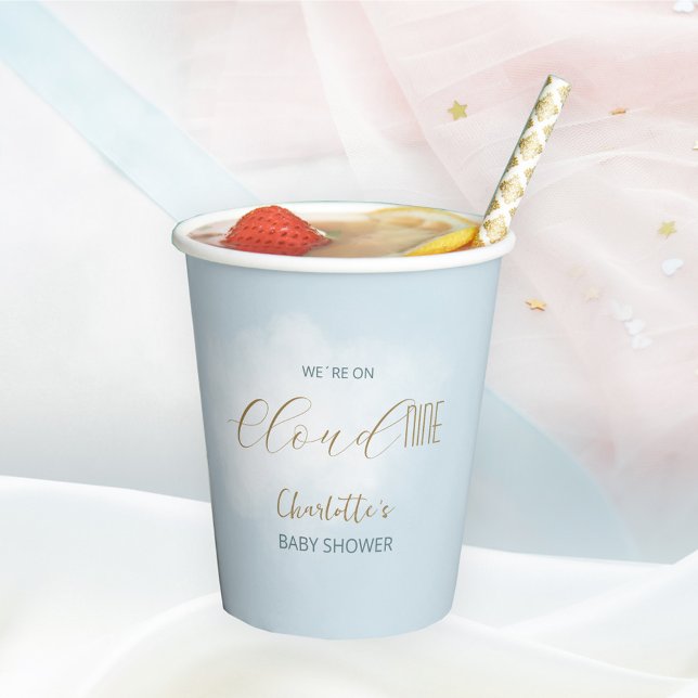 Wir sind auf Cloud 9 Elegant Script Dreamy Baby Sh Pappbecher (We´re on Cloud 9 Elegant Script Dreamy Baby Shower Paper Cups ©Susanne Sachers - Sunny Mind 🌞)