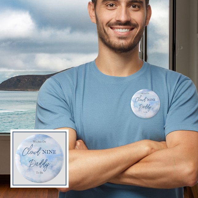 Wir sind auf Cloud Nine Blue Boy Baby Shower Daddy Button ("We Are On Cloud Nine"  Blue Boy Baby Shower Daddy to Be Pinback Button)