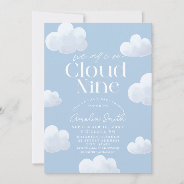 Wir sind auf Cloud Nine Modern Blue Cloud Baby Dus Einladung (Vorderseite)