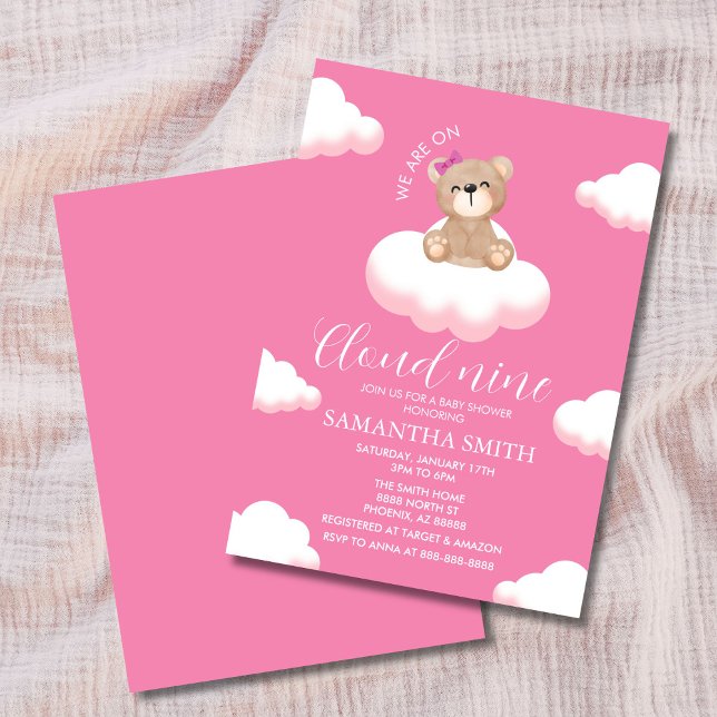 Wir sind auf Cloud Nine Pink Girl Bear Baby Shower Einladung (Minimalist pink baby shower invitation with smiling teddy bear sitting on fluffy white clouds)