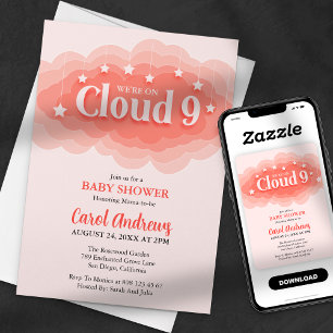 Wir sind auf Wolke 7 - Rosa Babyparty Einladung