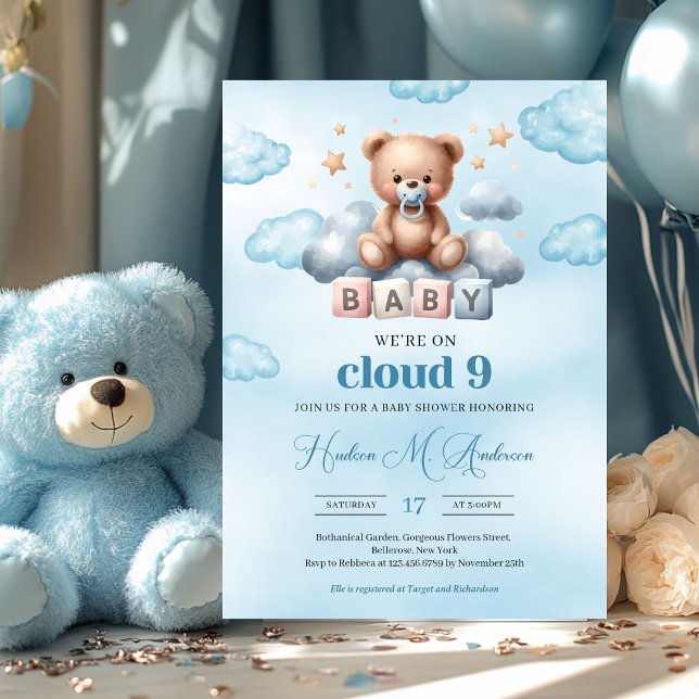 Wir sind auf Wolke neun brauner Teddybär auf Wolke Einladung (cloud nine cute teddy bear boy baby shower invitation digital)